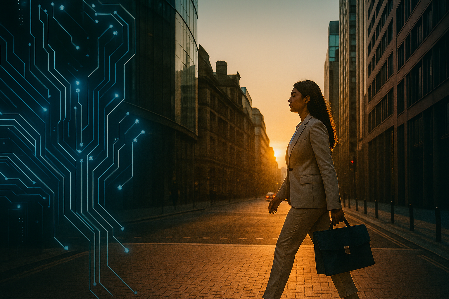 Professional in a modern city with technology motifs